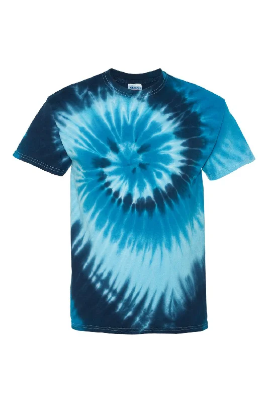 Men's short-sleeve relaxed blue shirt-Dyenomite Mens Tide Tie Dyed Short Sleeve Crewneck T-Shirt - Blue Tide