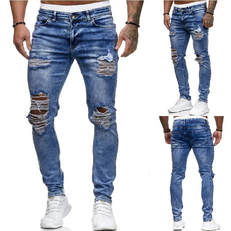 men's athletic tailored pants-Mens Ripped Jeans for men Casual Black Blue Skinny slim Fit Denim Pants Biker Hip Hop Jeans with sexy Holel Denim Pants NEW@G2