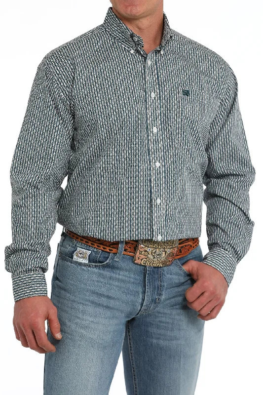 Men's short-sleeve sleek black tee-Cinch Men's White & Teal Geo Print Button Long Sleeve Western Shirt MTW1105867