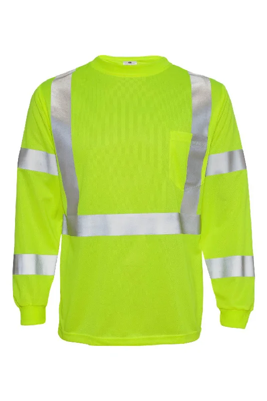 Men's short-sleeve neon green top-Kishigo Mens Class 3 Moisture Wicking Long Sleeve Crewneck T-Shirt w/ Pocket - Lime Green