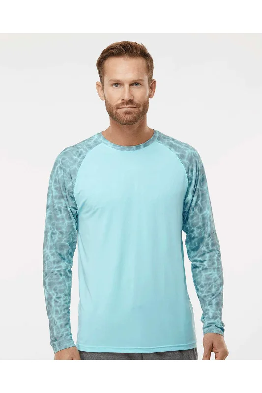 Men's short-sleeve plush bamboo top-Paragon Mens Panama Colorblock Moisture Wicking Long Sleeve Crewneck T-Shirt - Grey Aqua Water - Closeout