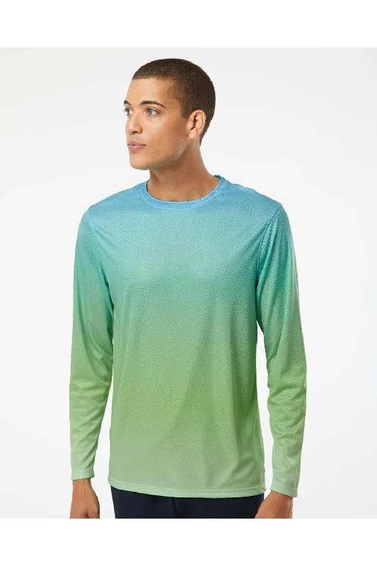 Men's short-sleeve tie-dye casual shirt-Paragon Mens Barbados Performance Moisture Wicking Pin Dot Long Sleeve Crewneck T-Shirt - Aqua Blue/Light Lime Green