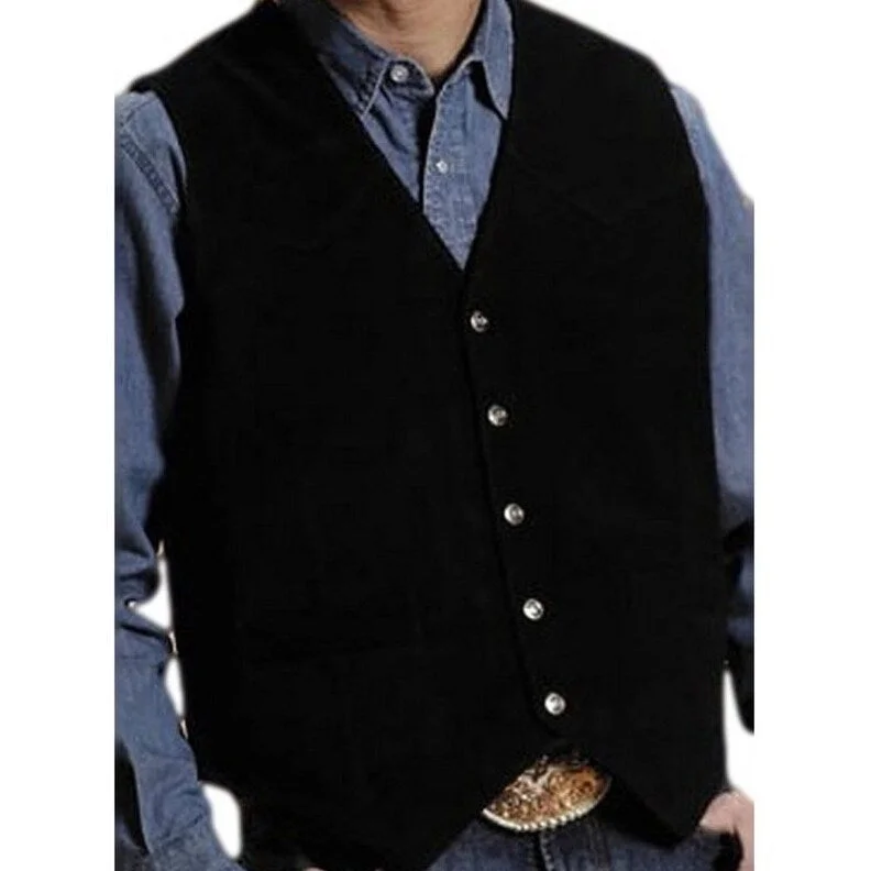 Men's college jackets-Roper Western Vest Mens Suede Leather Snap Black 02-075-0500-0509 BL