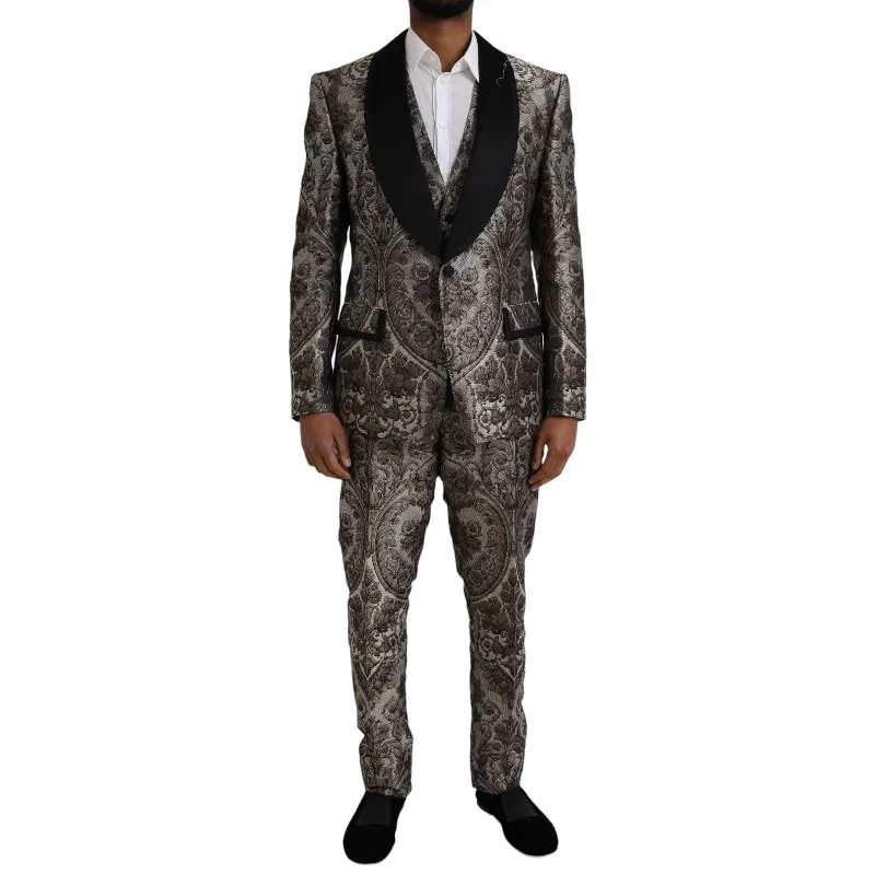 Men's medium-size jackets-Dolce & Gabbana  Floral Jacquard Formal 3 Piece Men's Suit