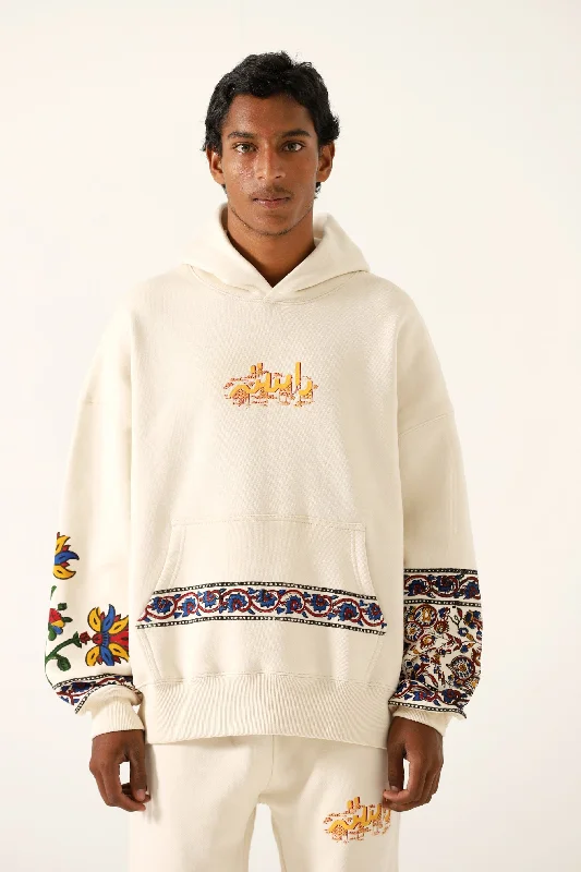 Men's hoodie with crisscross design-"1975" BLOCKPRINT BEIGE HOODIE