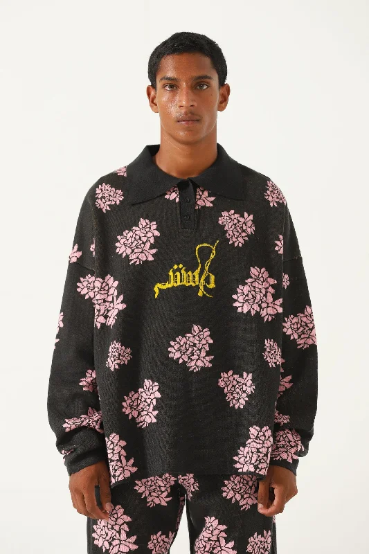 Men's hoodie with long drawstrings-"JASMINE GARDEN" KNIT SWEATSHIRT