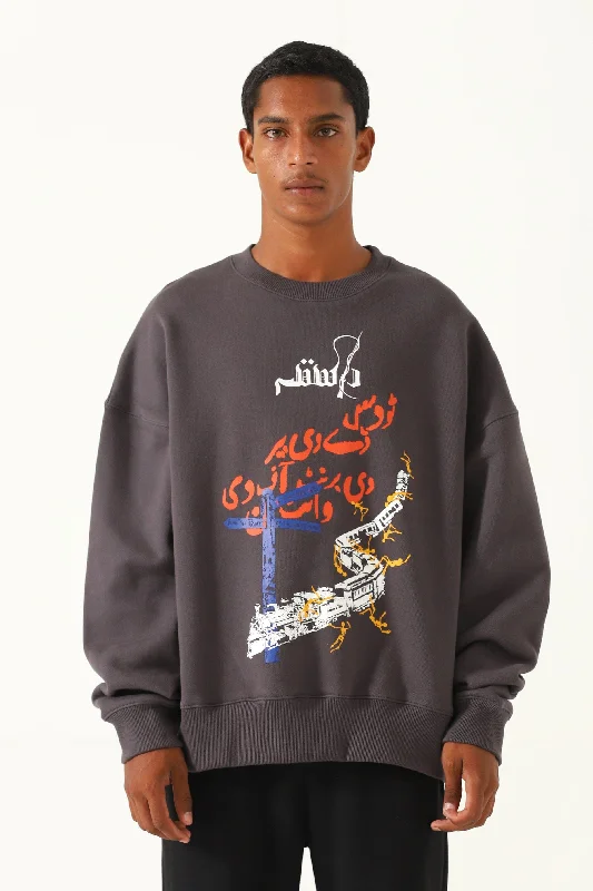 Men's hoodie for parties-"INSAAF" ASH GREY PRINTED SWEATSHIRT