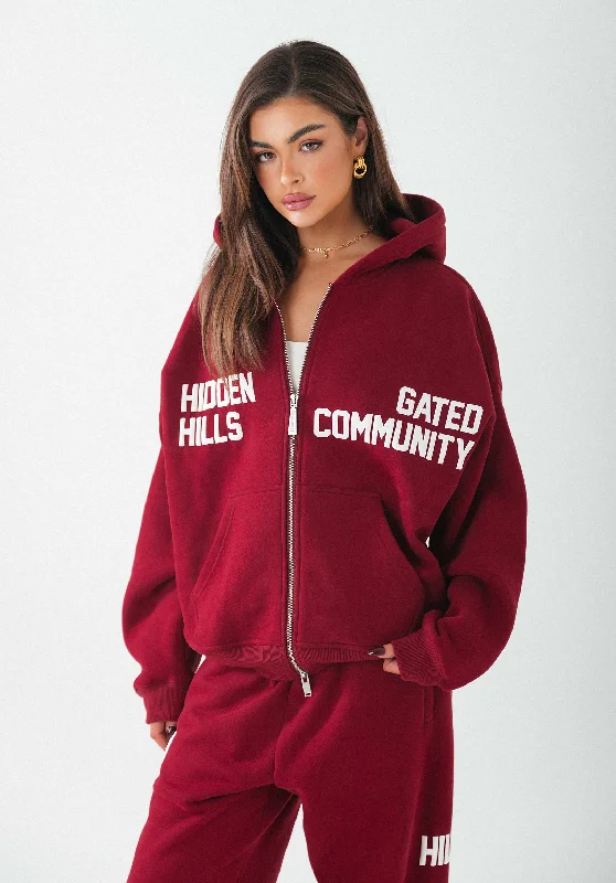 Men's hoodie for chill vibes-GATED COMMUNITY ZIP HOODIE BURGUNDY