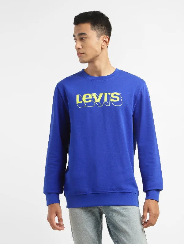 Men's hoodie with wide cuffs-Men's Brand Logo Blue Crew Neck Sweatshirt