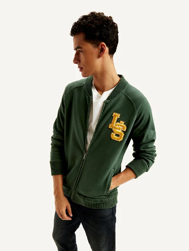 Men's hoodie with band logo-Men's Brand Logo Green Band Neck Zip-Front Sweatshirt