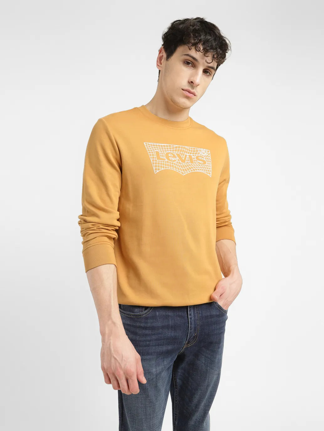 Men's hoodie with owl art-Men's Brand Logo Ochre Crew Neck Sweatshirt