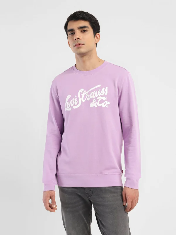 Men's hoodie with rolled cuffs-Men's Brand Logo Purple Crew Neck Sweatshirt