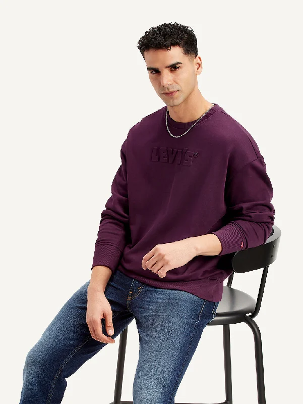 Men's hoodie with zippered hood-Men's Brand Logo Purple Crew Neck Sweatshirt