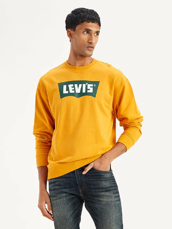 Men's hoodie with retro logo-Men's Brand Logo Yellow Crew Neck Sweatshirt