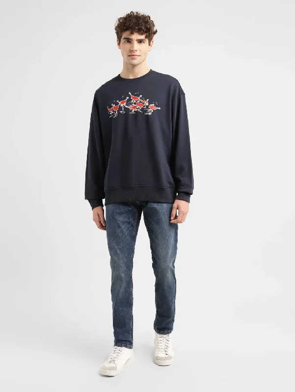 Men's hoodie with artsy vibe-Men's Graphic Navy Crew Neck Sweatshirt