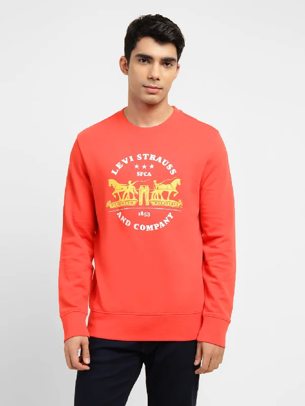 Men's hoodie with flared sleeves-Men's Graphic Print Crew Neck Sweatshirt Red