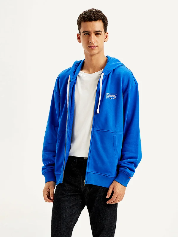 Men's hoodie with back pocket-Men's Solid Blue Hooded Sweatshirt