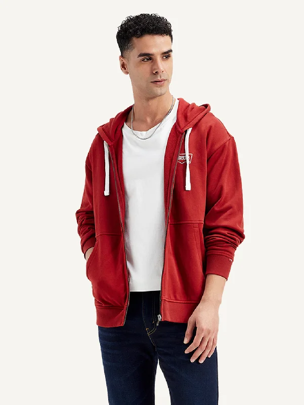 Men's hoodie with star pattern-Men's Solid Red Hooded Sweatshirt