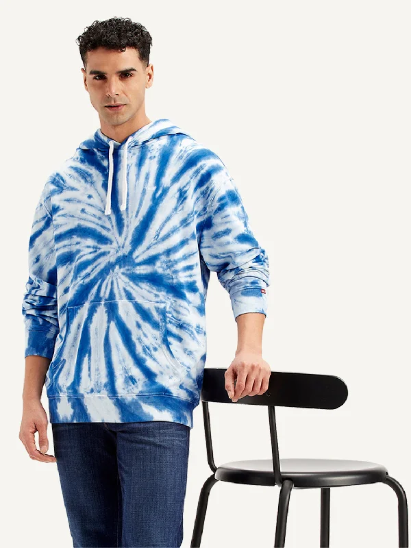 Men's hoodie with deer design-Men's Tie-Dye Blue Hooded Sweatshirt