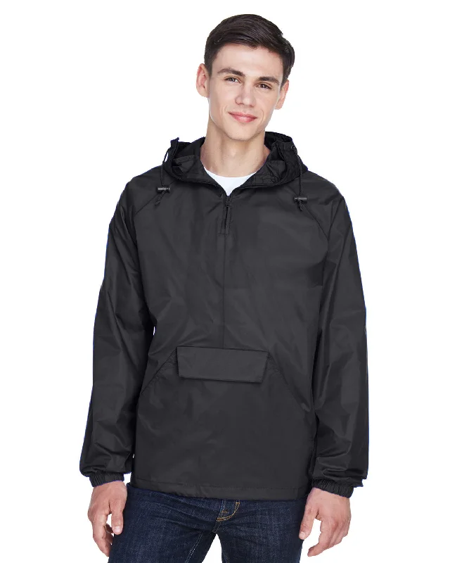 Men's flight jackets-UltraClub Adult Quarter-Zip Hooded Pullover Pack-Away Jacket