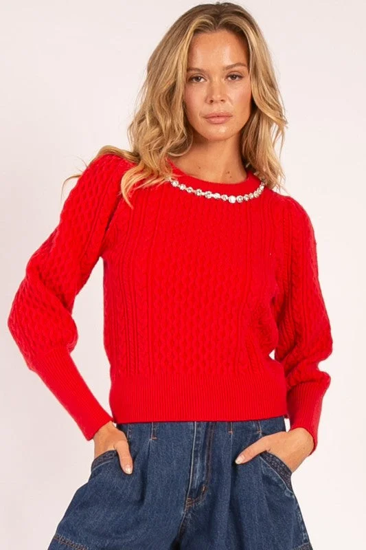 Lovely Time Embellish Cable Knit Sweater