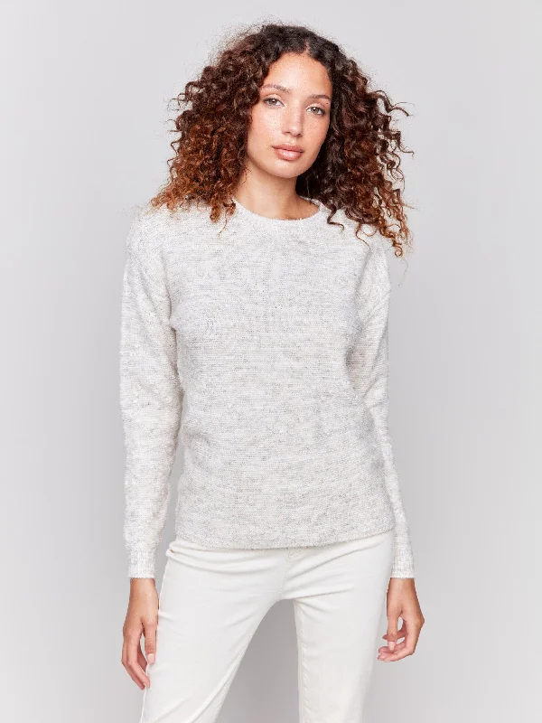 Space Dye Knit Sweater with Drop Shoulders - Ecru