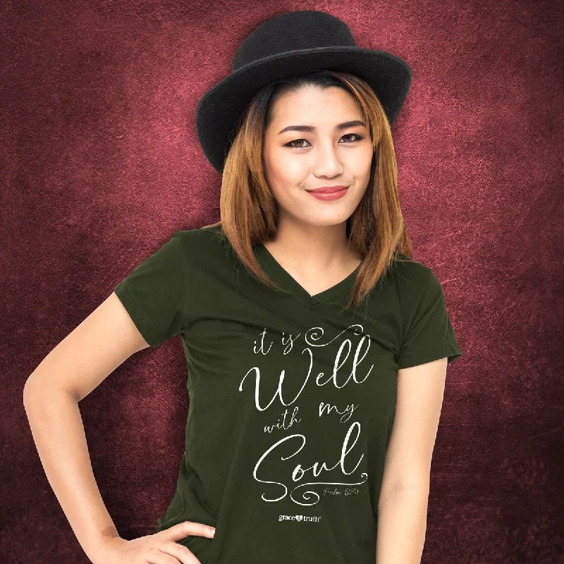 Men's short-sleeve subtle pattern tee-Cherished Girl Grace & Truth It is Well With My Soul V-Neck Girlie Christian Bright T Shirt