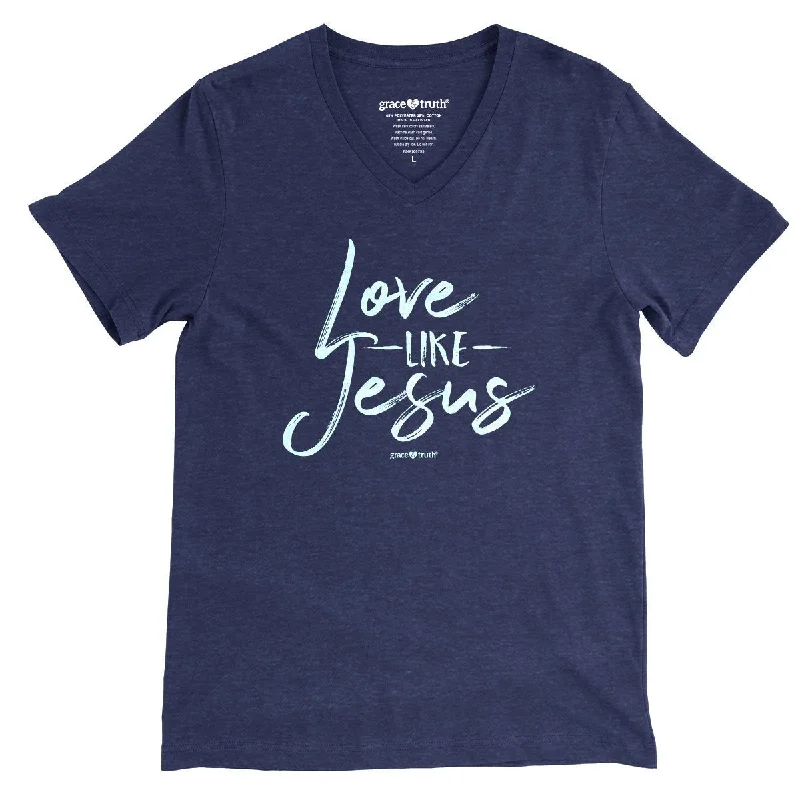 Men's short-sleeve taupe vintage top-Cherished Girl Grace & Truth Love like Jesus V-Neck Girlie Christian Bright T Shirt