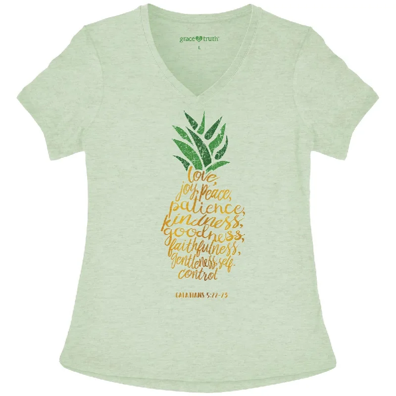 Men's short-sleeve embroidered casual top-Sale Cherished Girl Grace & Truth Pineapple Love Joy Peace V-Neck Girlie Christian Bright T Shirt