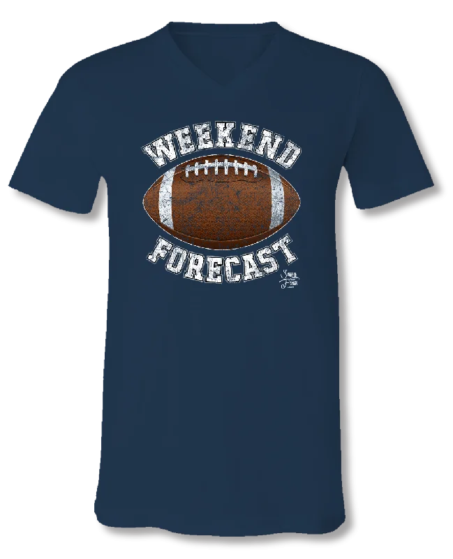 Men's short-sleeve loud print top-Sassy Frass Weekend Forecast Football Blue V-Neck Canvas Girlie Bright T Shirt