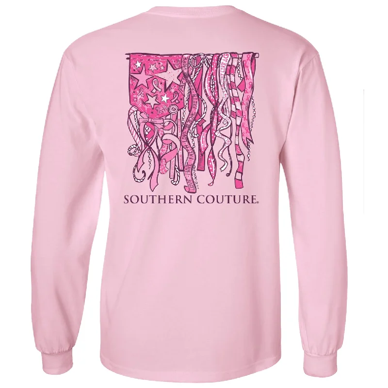 Men's short-sleeve stretch cotton shirt-Southern Couture Classic Breast Cancer Ribbon Flag Long Sleeve T-Shirt