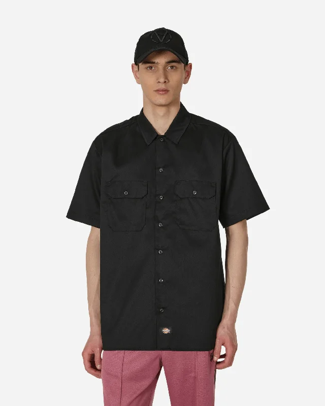 Men's short-sleeve floral print top-Short Sleeve Work Shirt Black