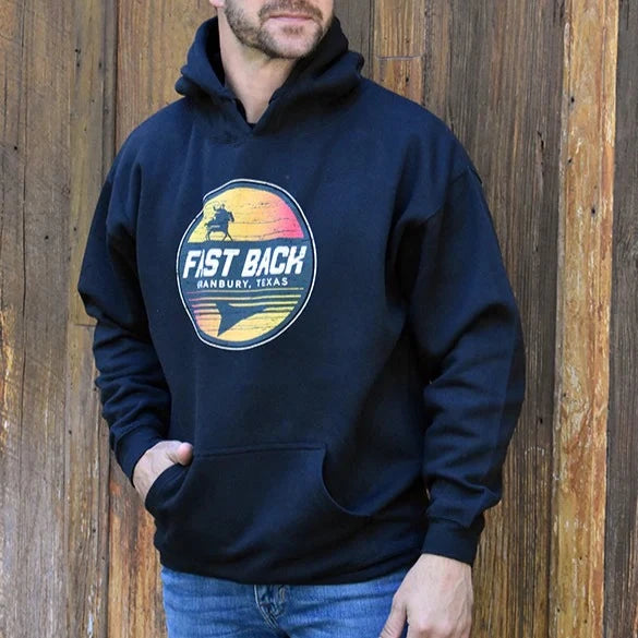 Men's short-sleeve bold stripe shirt-Fast Back Men's Sunset Logo Hooded Sweatshirt in Black