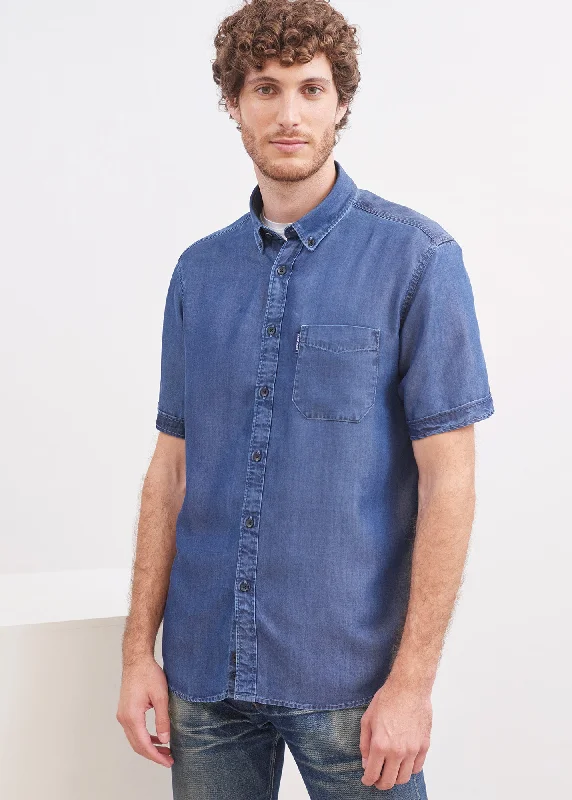 Men's short-sleeve luxury silk top-Frederic short sleeve shirt - regular fit, in chambray (CHAMBRAY)