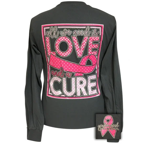 Men's short-sleeve coarse hemp shirt-Girlie Girl Love And A Cure Cancer Long Sleeve T-Shirt