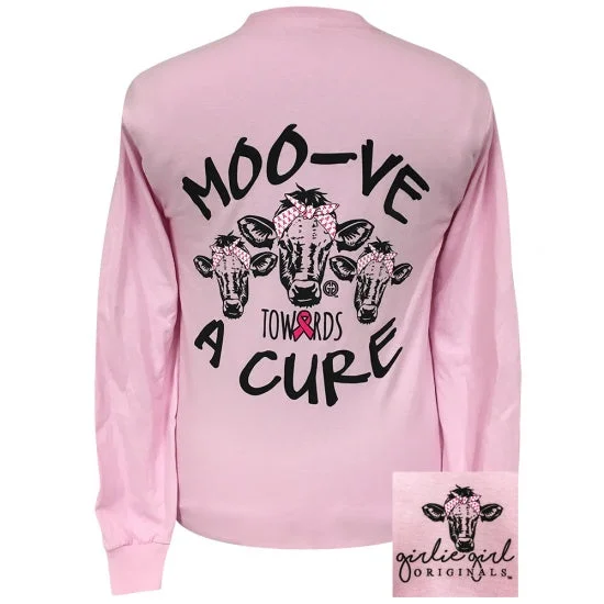 Men's short-sleeve hiking gray shirt-Girlie Girl Originals Moo-ve Towards a Cure Cancer Cow Long Sleeve T-Shirt