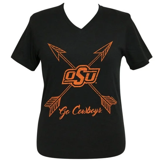 Men's short-sleeve sleek black tee-Girlie Girl Preppy Oklahoma State OSU Go Cowboys Arrows V-Neck T-Shirt