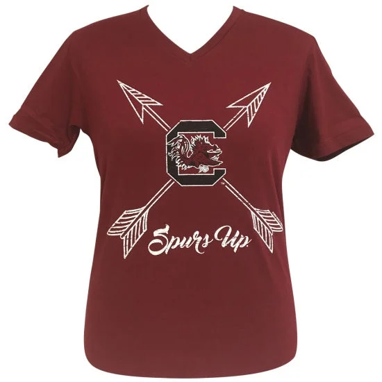 Men's short-sleeve airy linen shirt-Girlie Girl Preppy South Carolina Gamecocks Spurs Up V-Neck Red T-Shirt