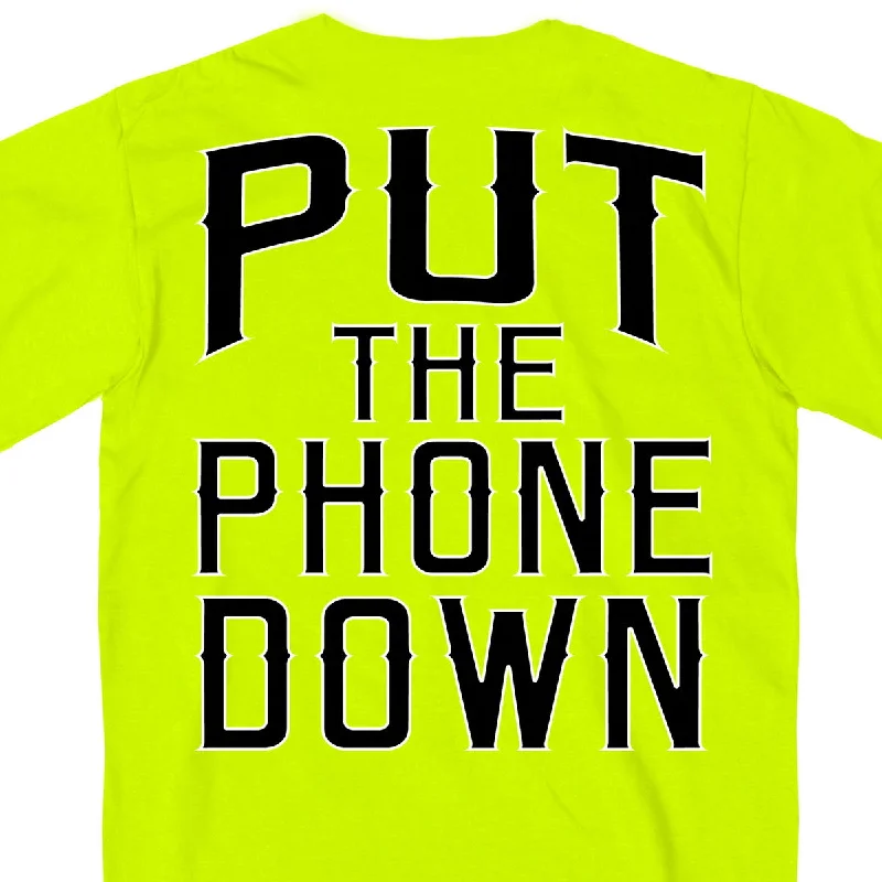 Men's short-sleeve taupe vintage top-Hot Leathers GMD1410 Mens 'Put The Phone Down' Safety Green T-Shirt