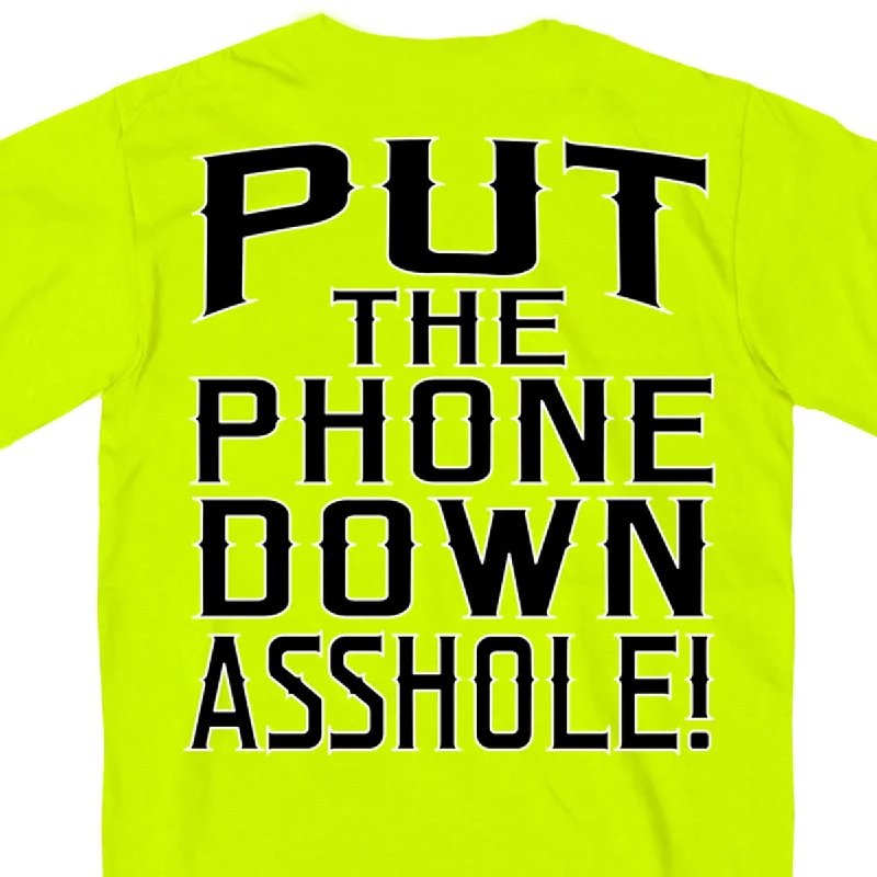 Men's short-sleeve tailored gray shirt-Hot Leathers GMD1435 Men's 'Put the Phone Down A**H***' Safety Green T-Shirt