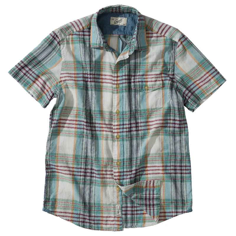 Men's short-sleeve earthy brown top-Livingstone's Classic Madras Plaid Short Sleeve Shirt - Lunar Rock Blue Tan