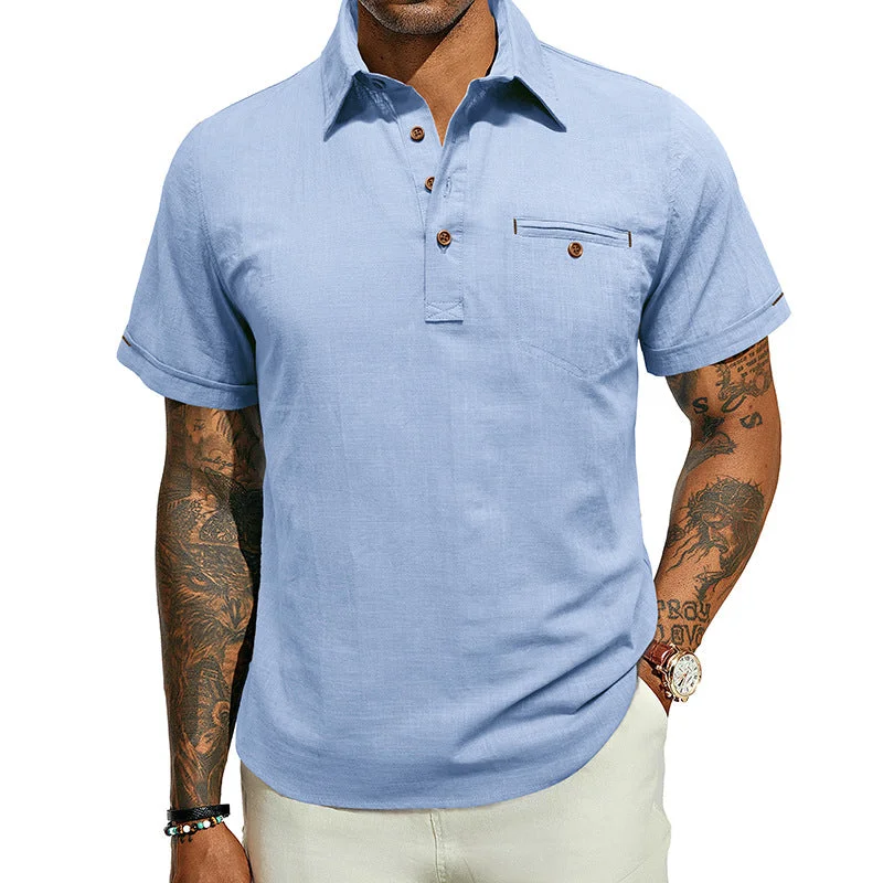 Men's short-sleeve aqua beach shirt-Men's Cotton Linen Business Casual Henley T-Shirts