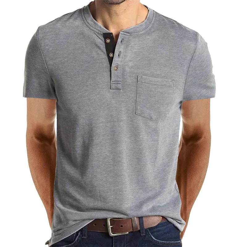 Men's short-sleeve slate gray workout shirt-Men's Henley Button Cotton T-shirts With Pocket