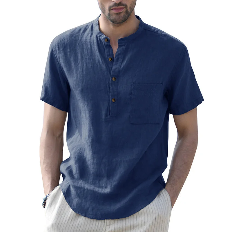 Men's short-sleeve rolled-sleeve casual shirt-Men's Linen Cotton Henley Comfortable T-shirts