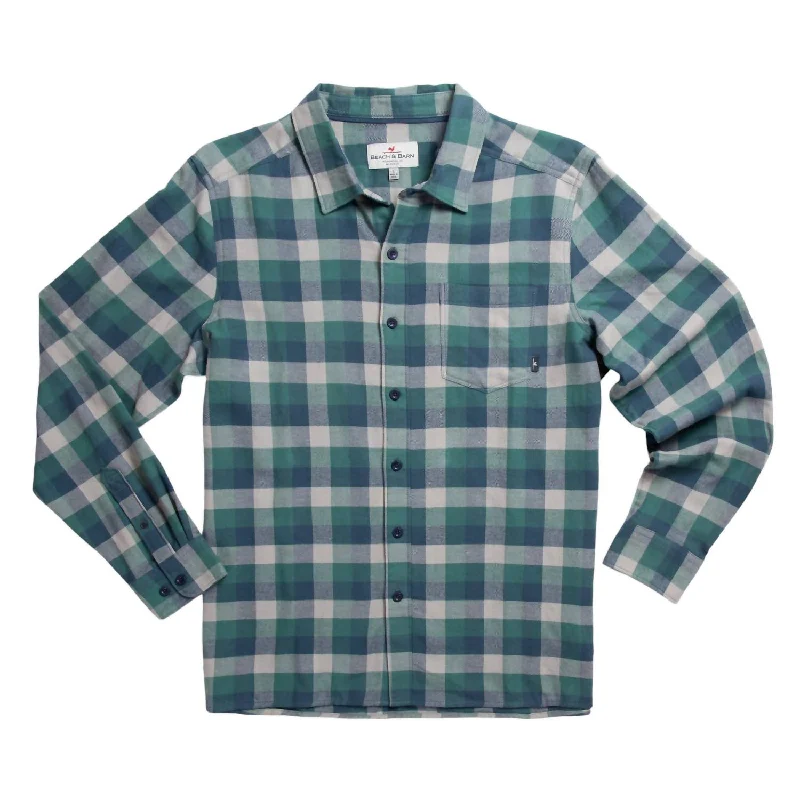 Men's Traveler's Check Long Sleeve Flannel Shirt In H. Green