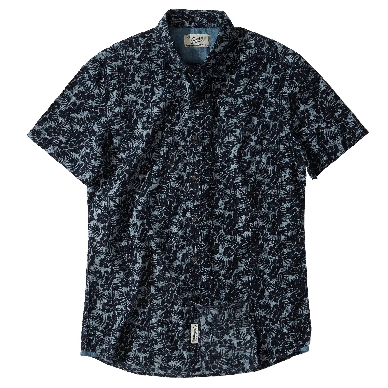 Men's short-sleeve subtle pattern tee-Navy Floral Printed Chambray Short Sleeve Shirt - Navy Floral