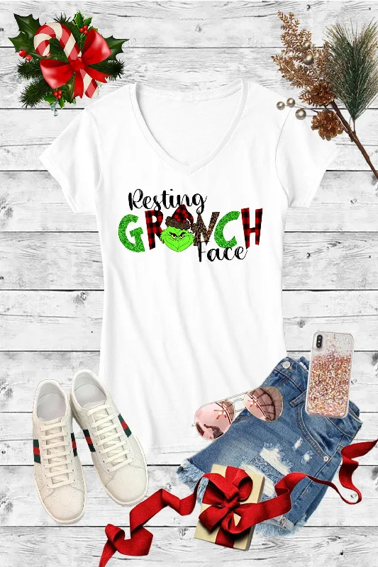 Men's short-sleeve boxy black tee-Resting Grinch Face Christmas Holiday Canvas Girlie V-Neck T Shirt