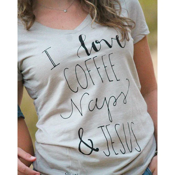 Men's short-sleeve tough polyester top-Sassy Frass Captivated I Love Coffee Naps & Jesus V-Neck Bright Girlie T Shirt