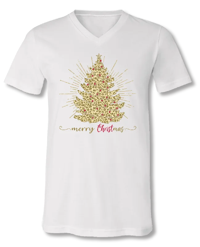 Men's short-sleeve crisp white shirt-Sassy Frass Holiday Tree Merry CHRISTmas V-Neck Bright Girlie T Shirt