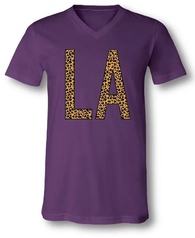 Men's short-sleeve muted tone shirt-SALE Sassy Frass Louisiana State LA Leopard V-Neck Canvas Girlie Bright T Shirt